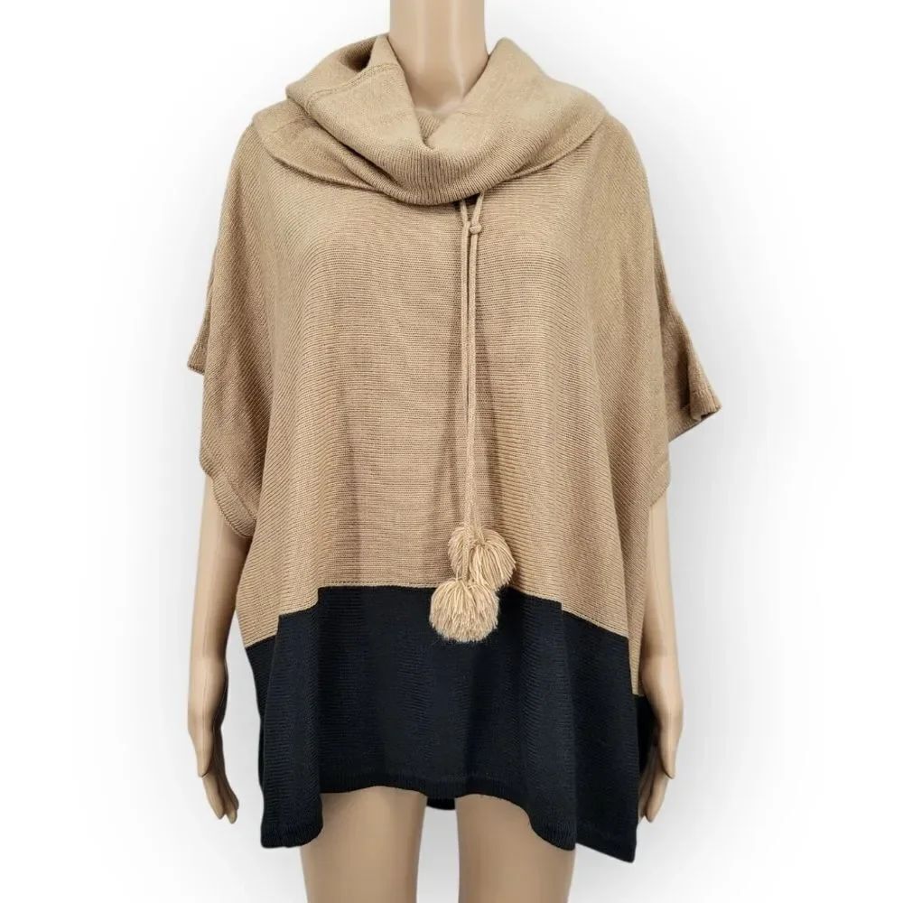 THML Two Tone Tan and Black Women's Cowl Neck Poncho Sweater